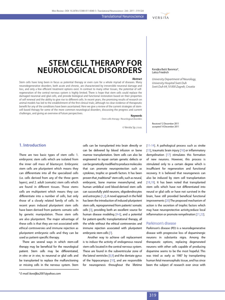 Stem Cell Therapy for Neurological Disorders | PDF | Stem Cell | Cell ...