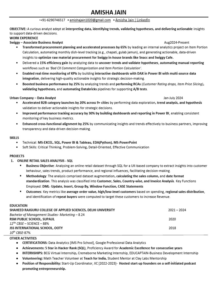 Amisha Jain: Data Analyst Resume | PDF | Data Analysis | Analytics