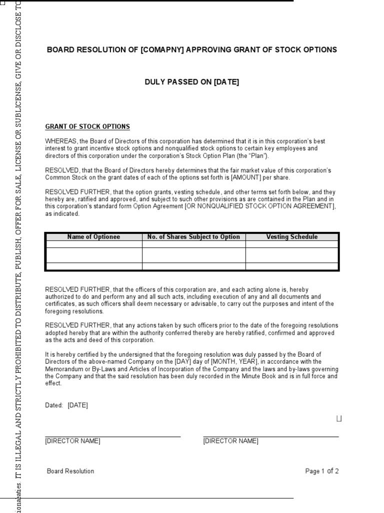 Board Resolution Approving Grant of Options | PDF | Employee Stock 