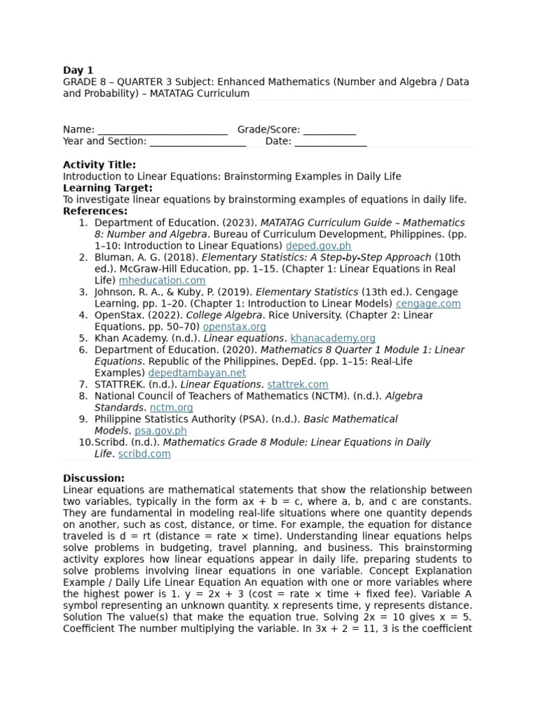 Real-Life Linear Equations for Grade 8 | PDF | Inequality (Mathematics ...