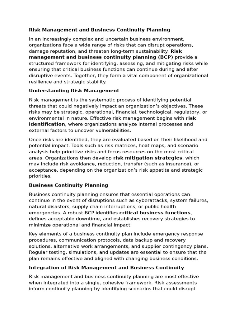 Risk Management and Business Continuity Planning | PDF | Risk ...