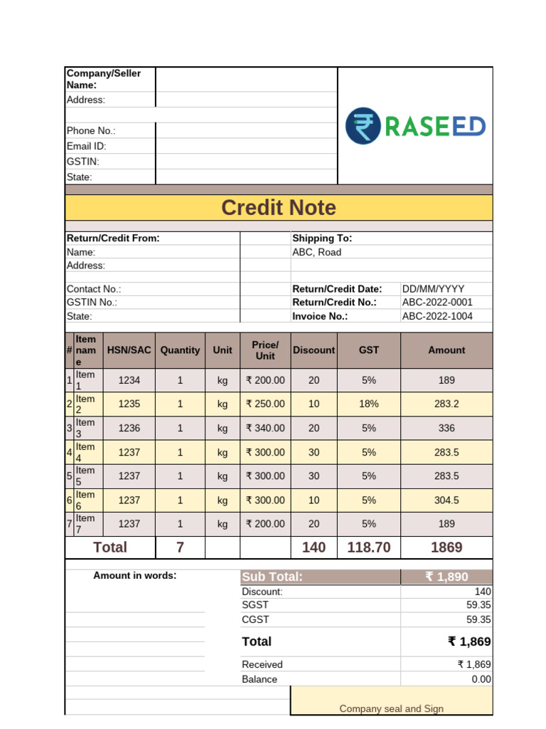 GST Credit Note Template Example | PDF