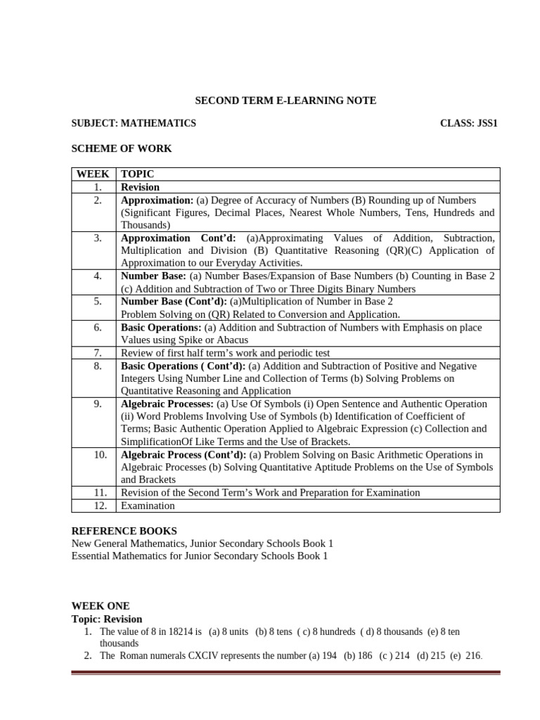 Second Term Jss1 Mathematics.... | PDF | Numbers | Arithmetic