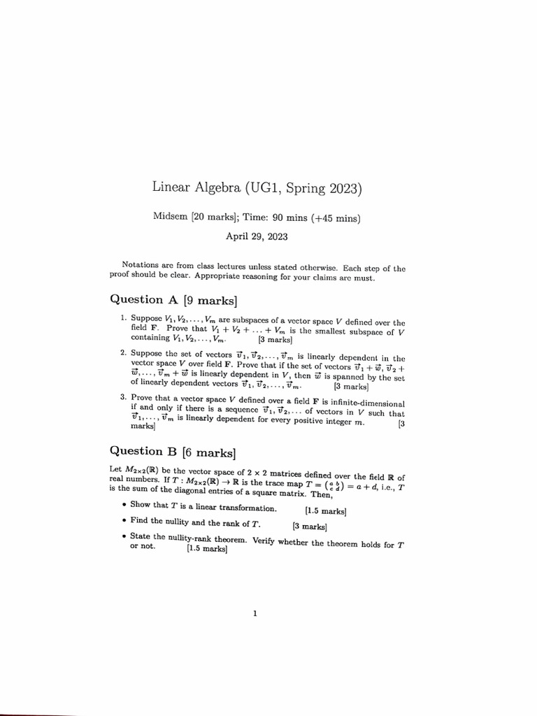 Linear Algebra Midsem Exam Spring 2023 | PDF