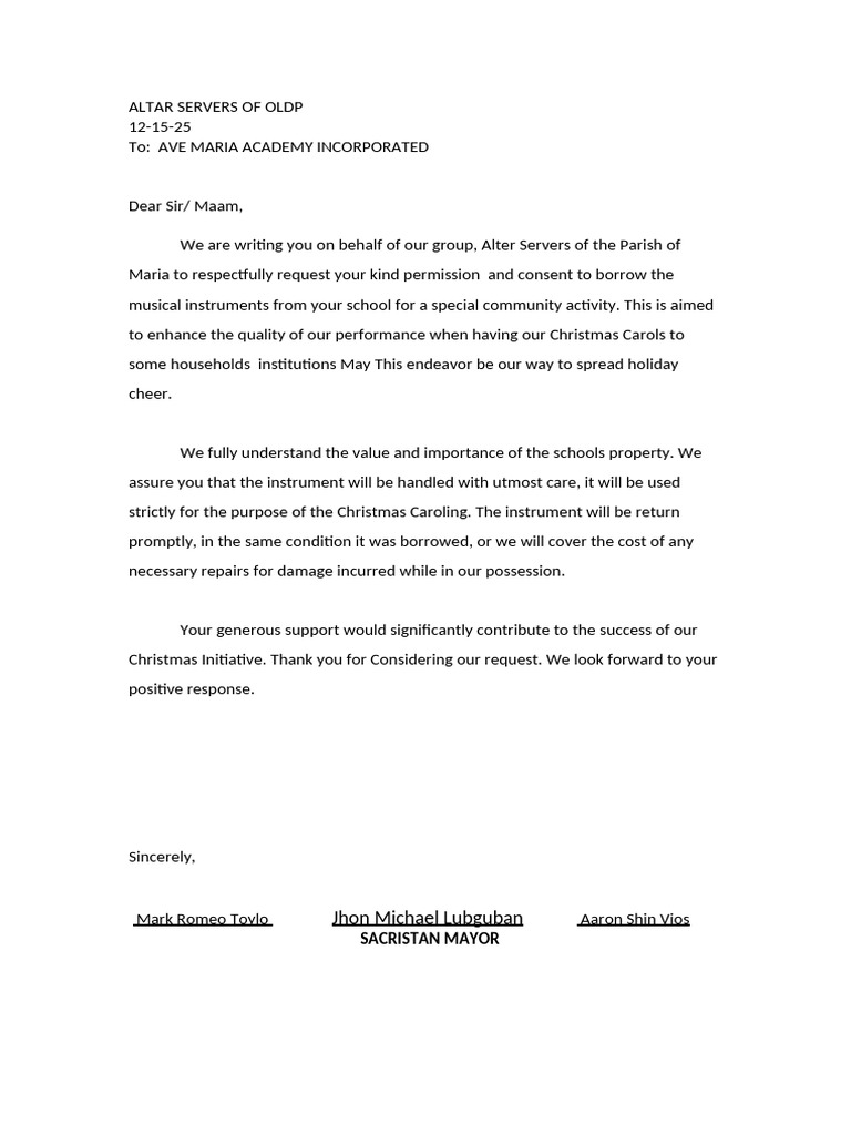 Request to Borrow Instruments for Caroling | PDF