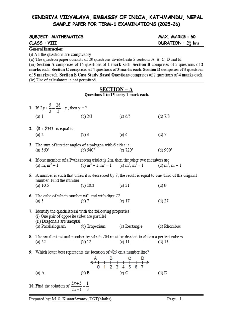 Class 8 Mathematics Term-1 Sample Paper | PDF | Rectangle | Elementary ...