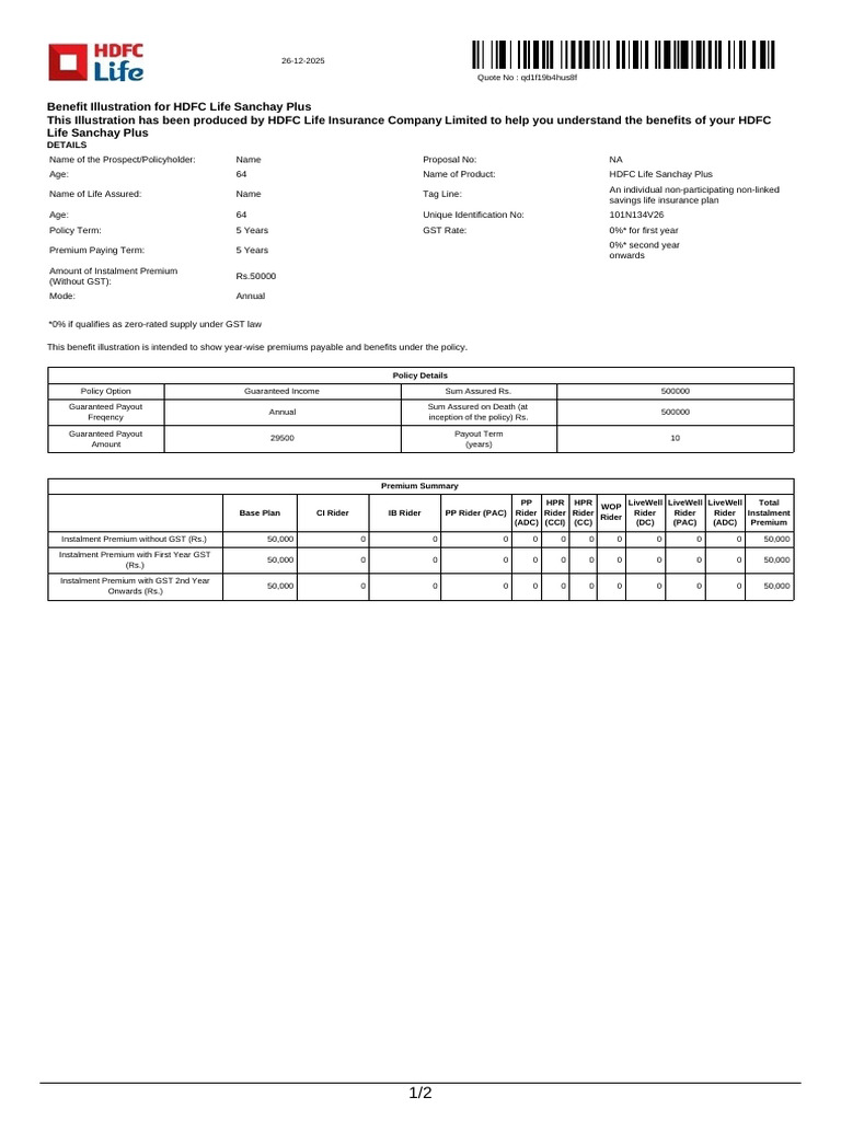 HDFC Life Sanchay Plus Benefit Illustration | PDF | Insurance | Life ...