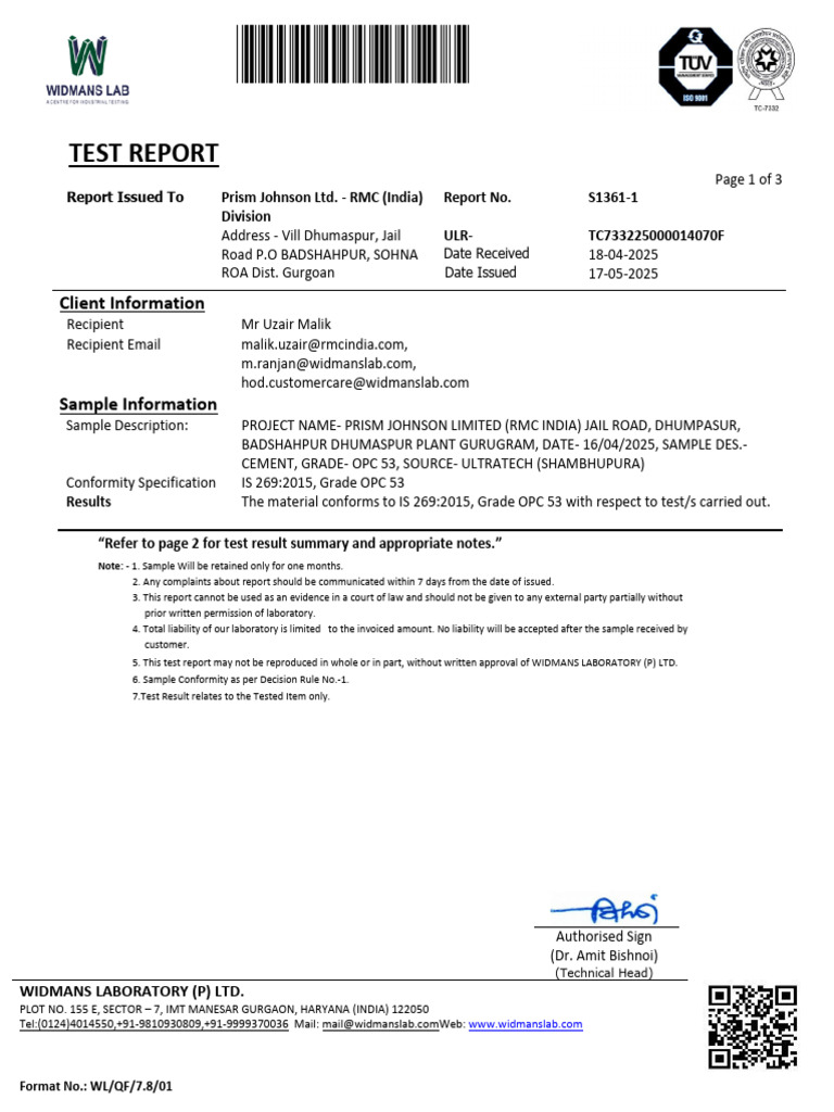 Cement, Grade- Opc 53, Source- Ultratech (Shambhupura) | PDF | Chemical ...
