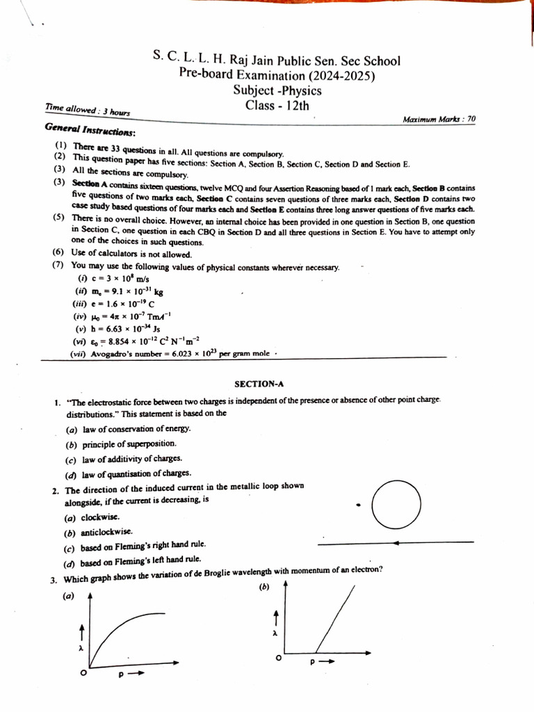 Class 12 Physics Pre-Board Exam 2024-25 | PDF | Transformer | Capacitor