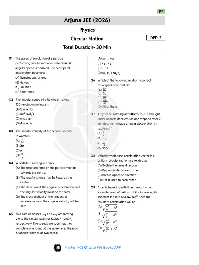 Circular Motion DPP 2 | PDF | Acceleration | Kinematics