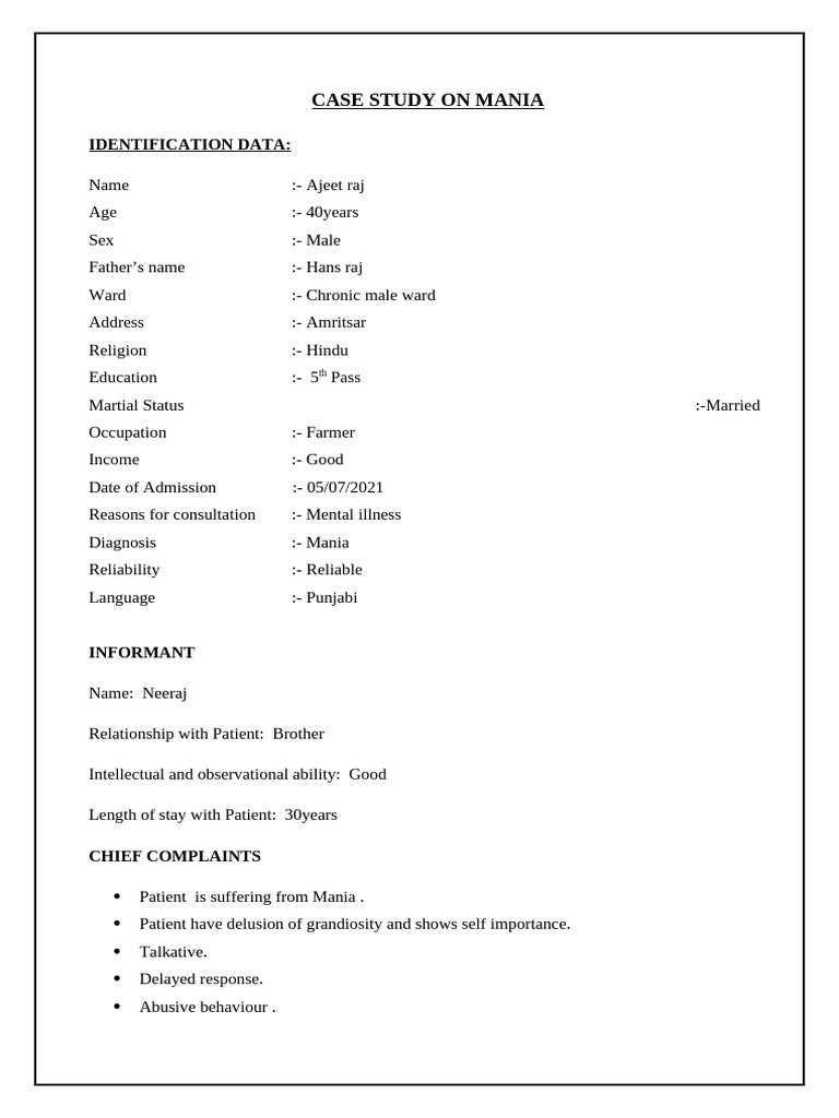 Case study of MHN 1 | PDF | Mania