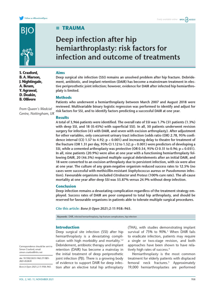 Deep Infection Risks Post Hip Hemiarthroplasty | PDF | Surgery | Health ...