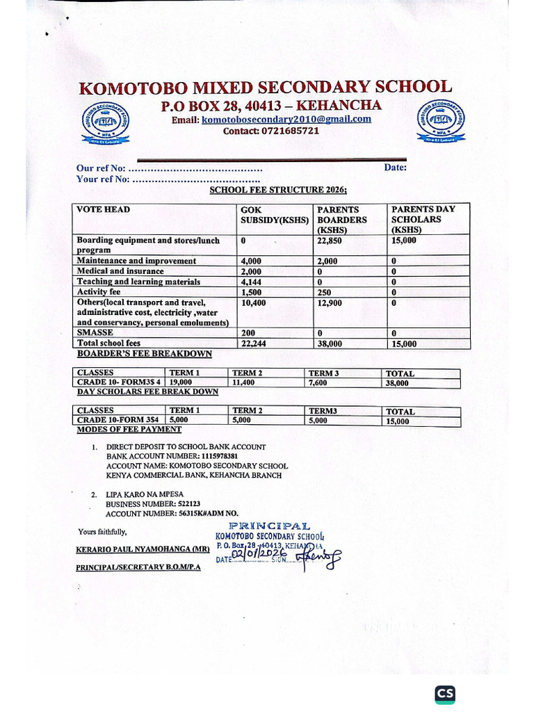 Komotobo Sec Fee Structure 2026-1 | PDF