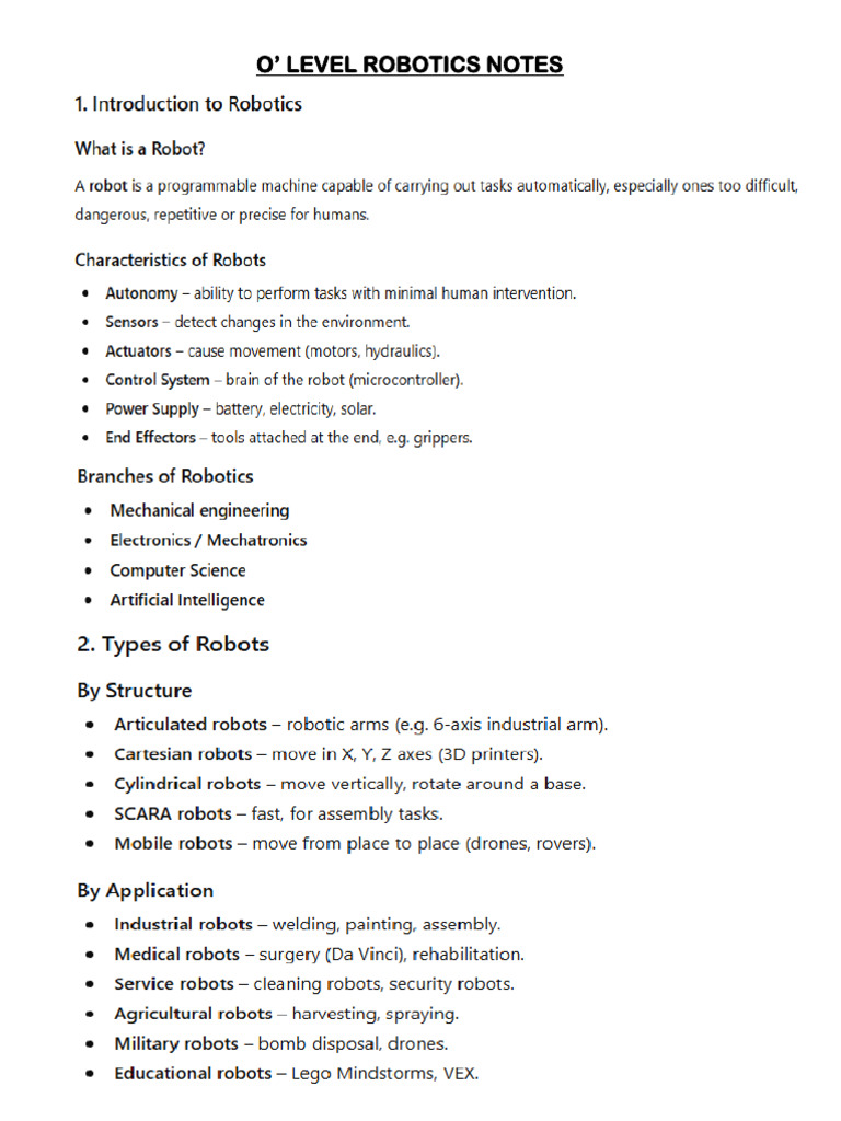 O' Level Robotics Study Notes | PDF