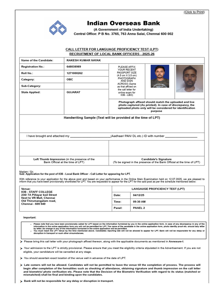 IOB Local Bank Officer LPT Call Letter | PDF | Identity Document ...