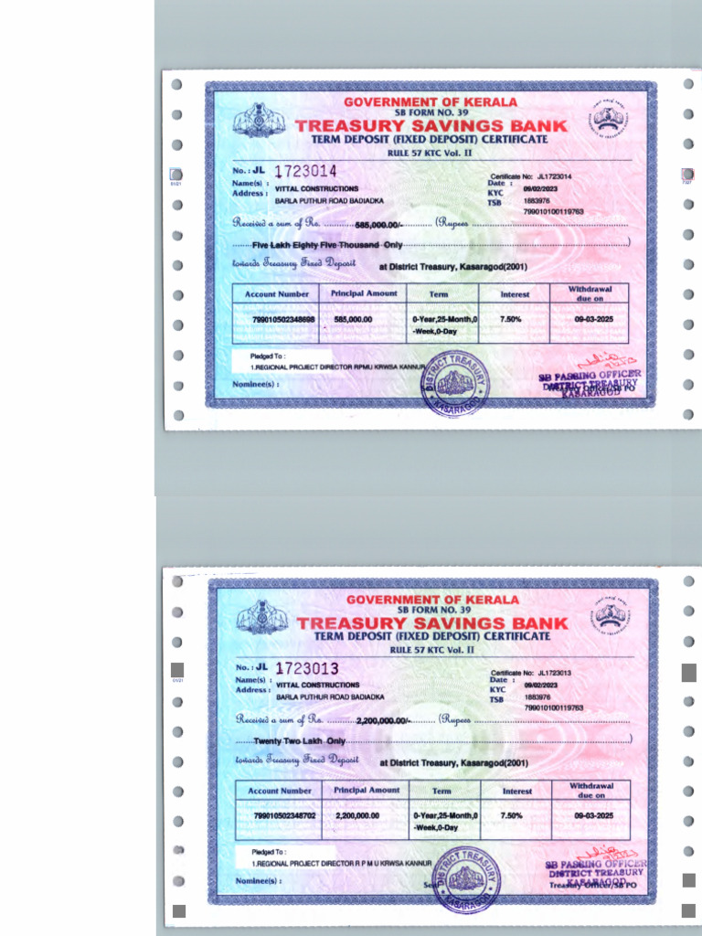 Kerala Treasury Fixed Deposit Certificate | PDF