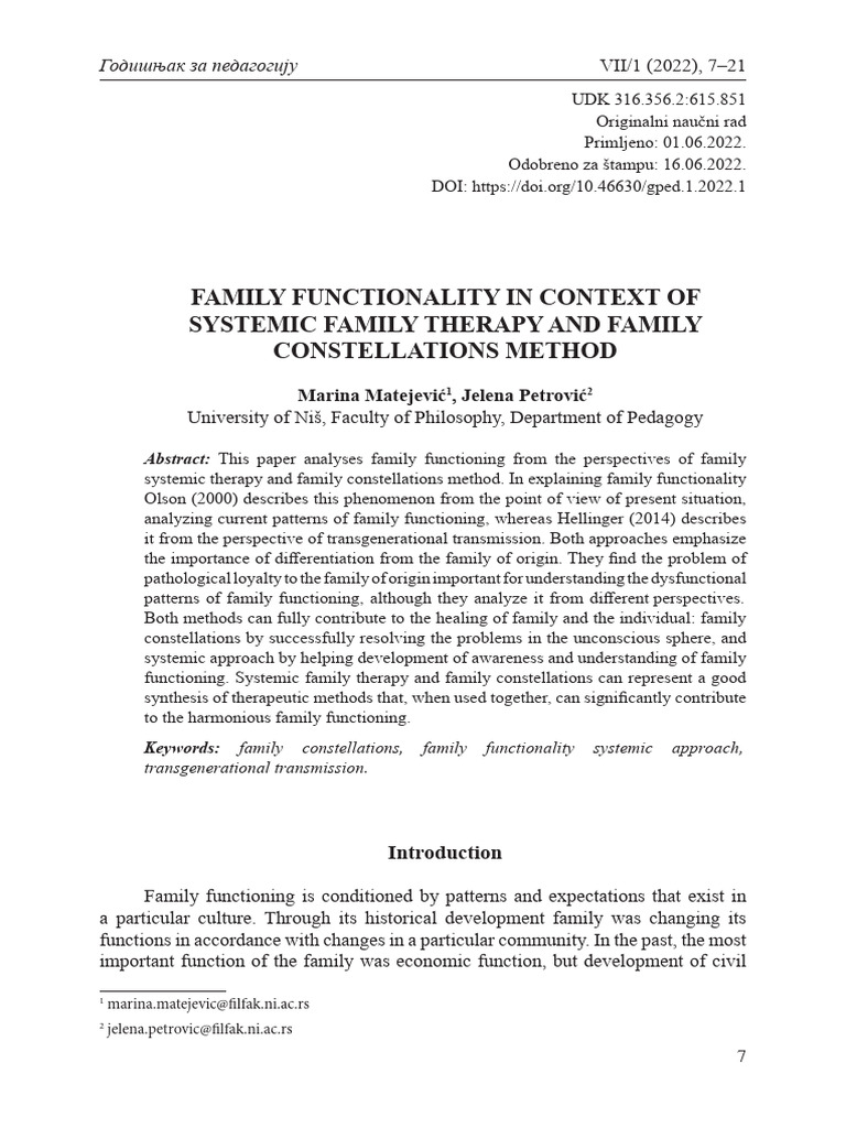 FAMILY FUNCTIONALITY IN CONTEXT OF SYSTEMIC FAMILY THERAPY AND FAMILY ...