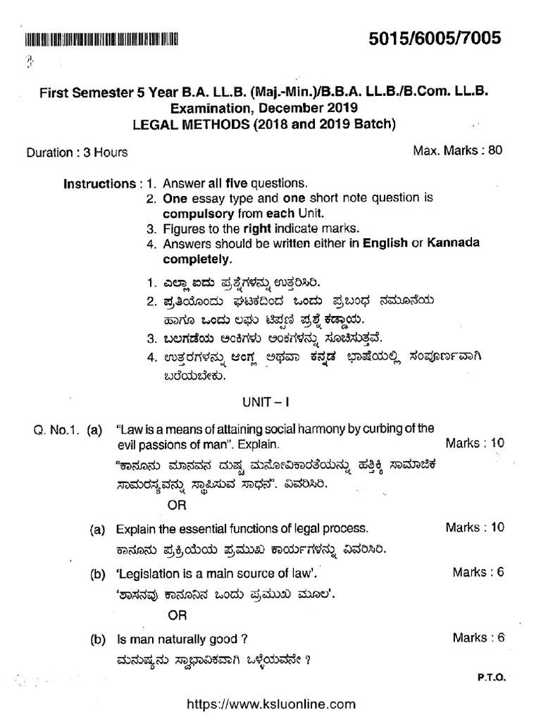 Ballb Bballb Bcomllb 1 Sem Legal Methods 5015 Dec 2019 | PDF