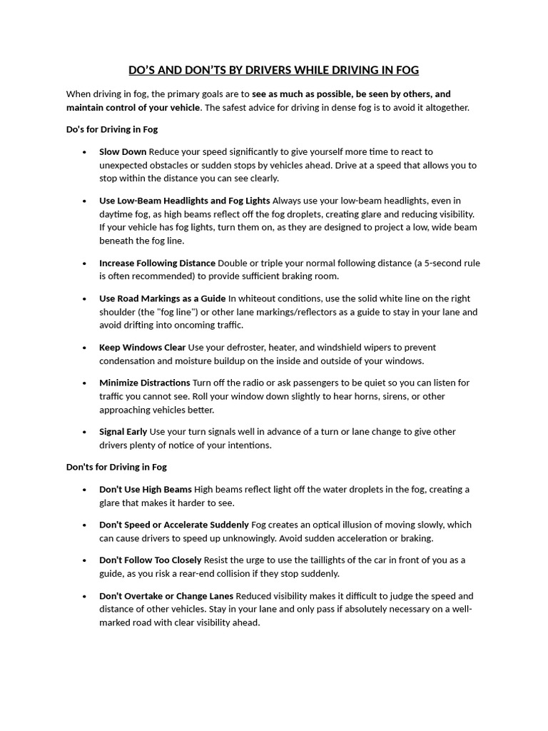 Fog Driving Safety Tips for Drivers | PDF | Headlamp | Fog