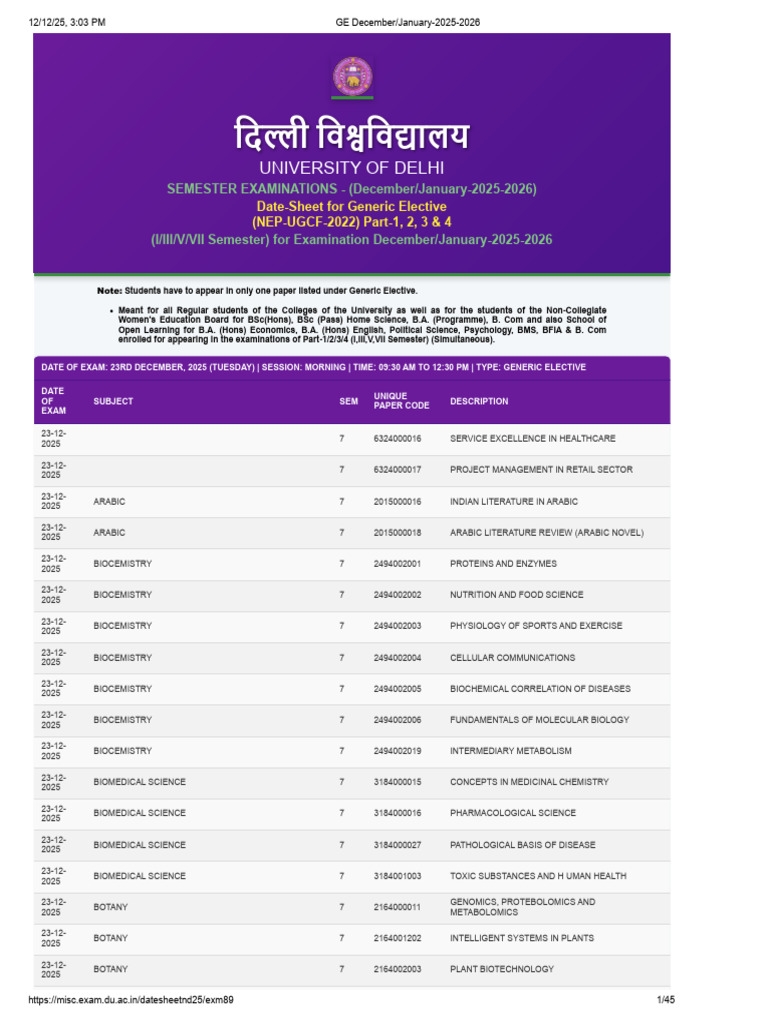 Generic Elective Exam Schedule 2025 | PDF | Economics | Chemistry