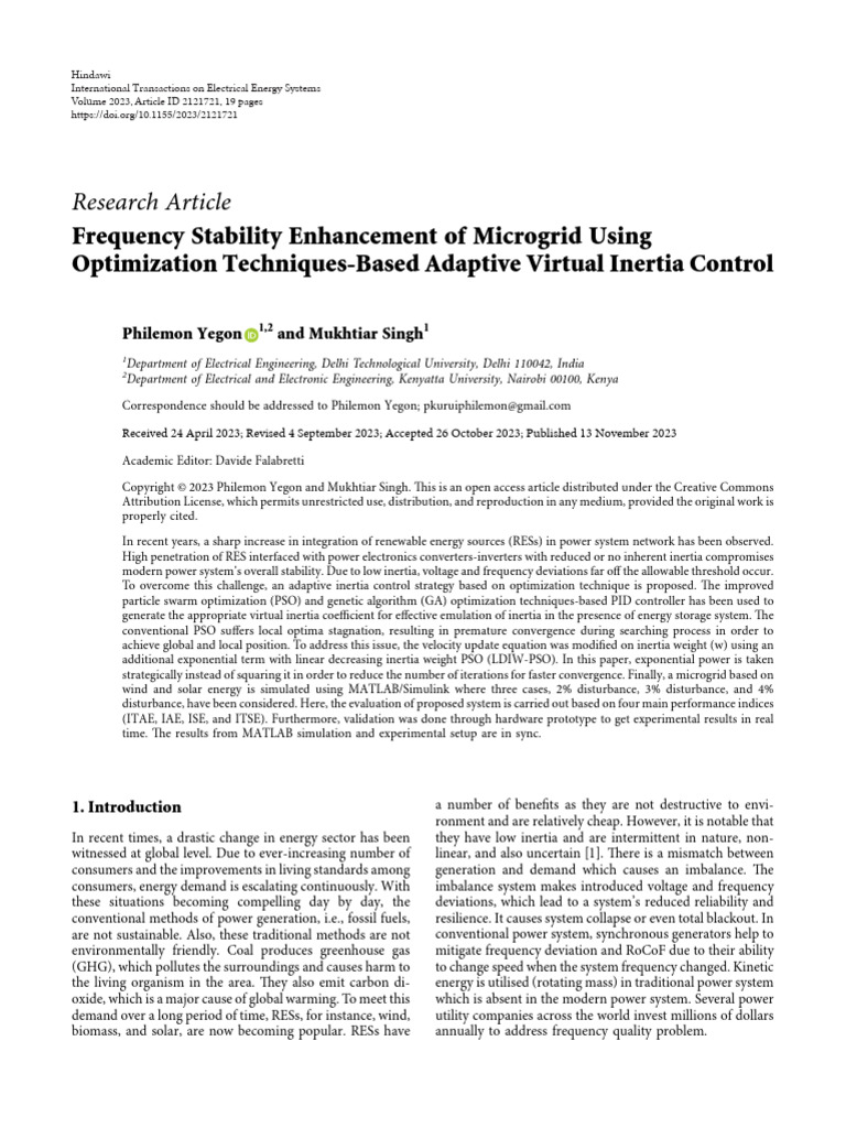Adaptive Virtual Inertia Control for Microgrids | PDF | Mathematical ...