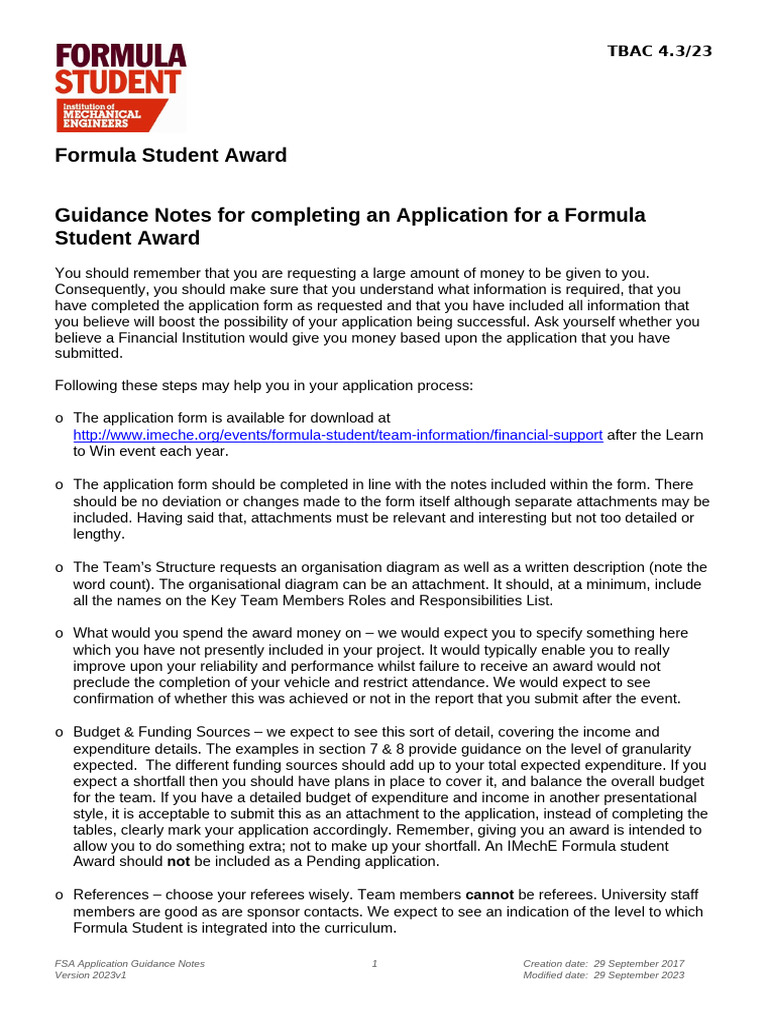 Formula Student Award Application Guide | PDF