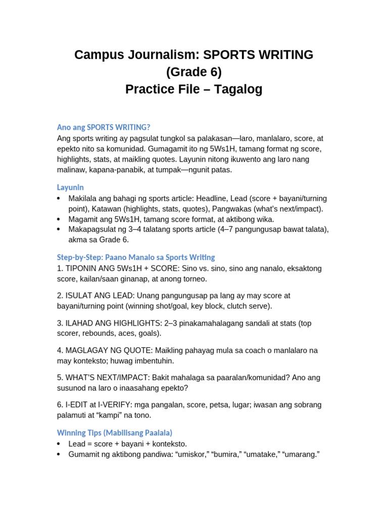Campus Journalism SportsWriting Grade6 Tagalog Practice | PDF