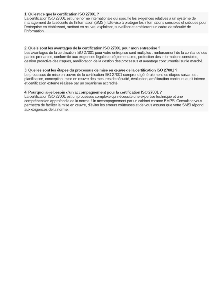 Certification ISO 27001 : Avantages et Mise en Œuvre | PDF