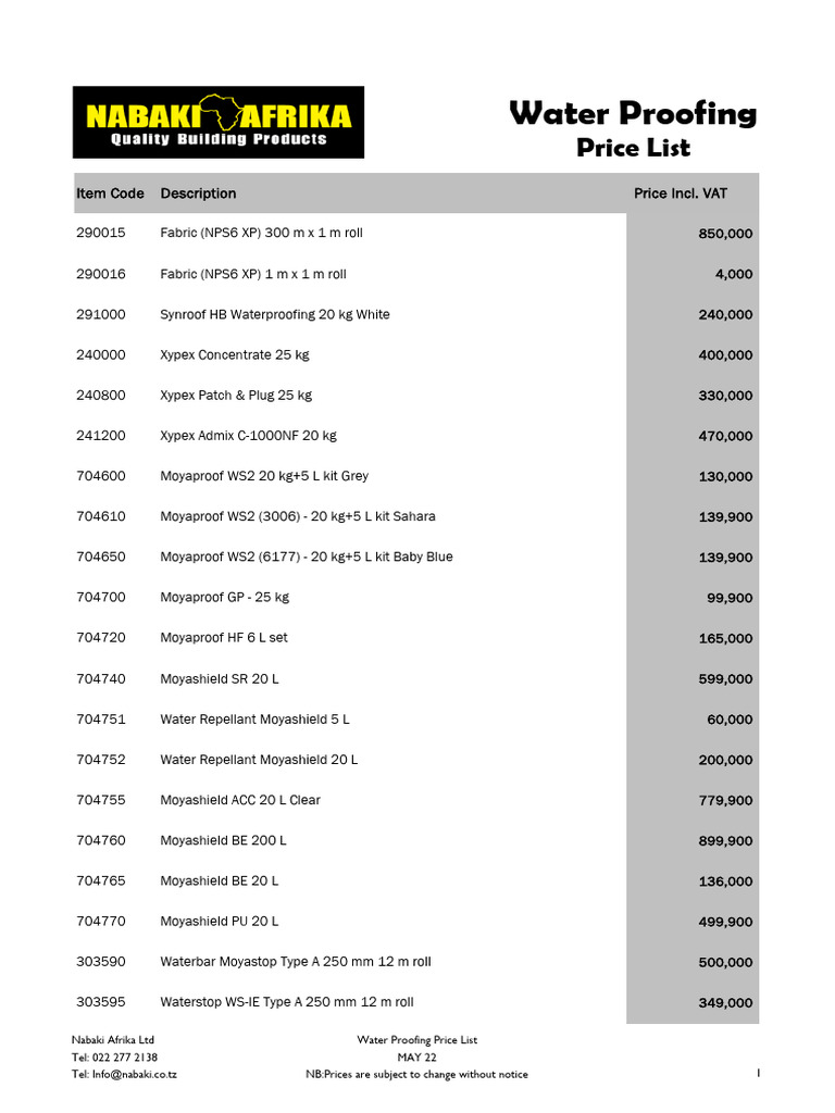 Water Proofing Price List-1 | PDF