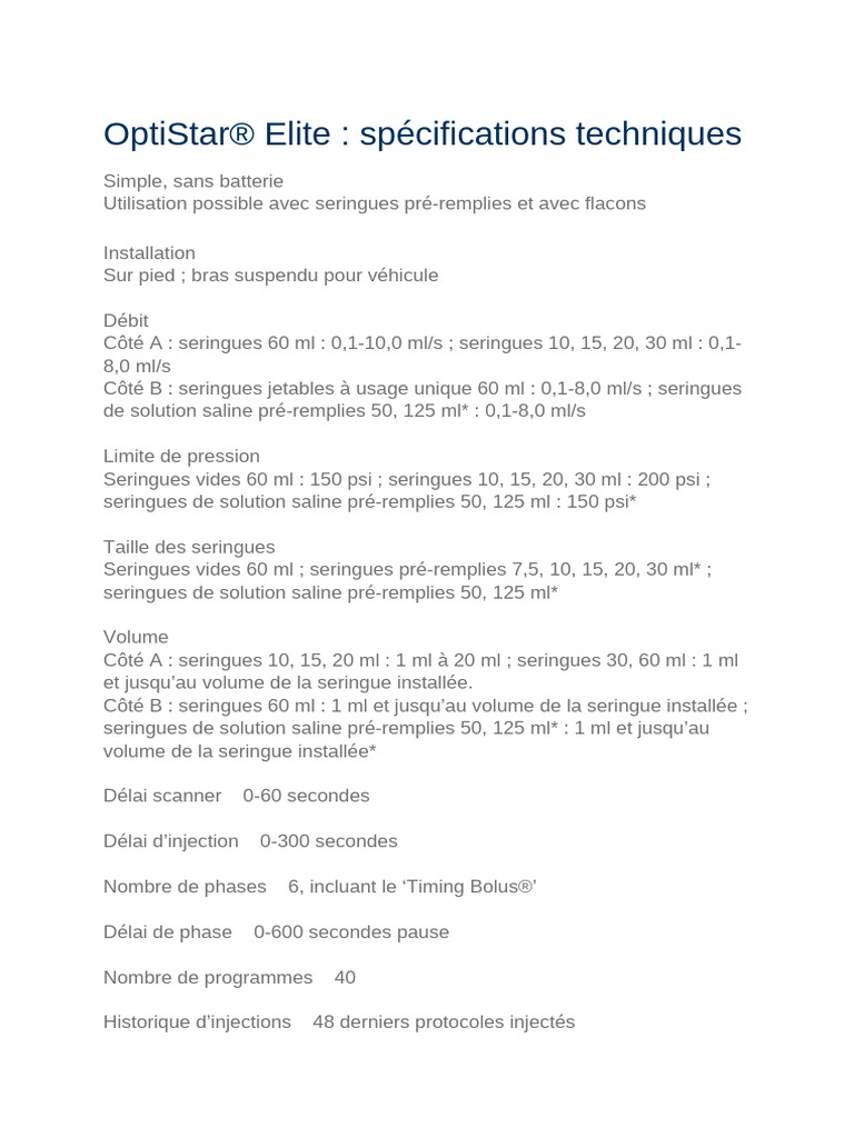 Spécifications de l'OptiStar® Elite | PDF