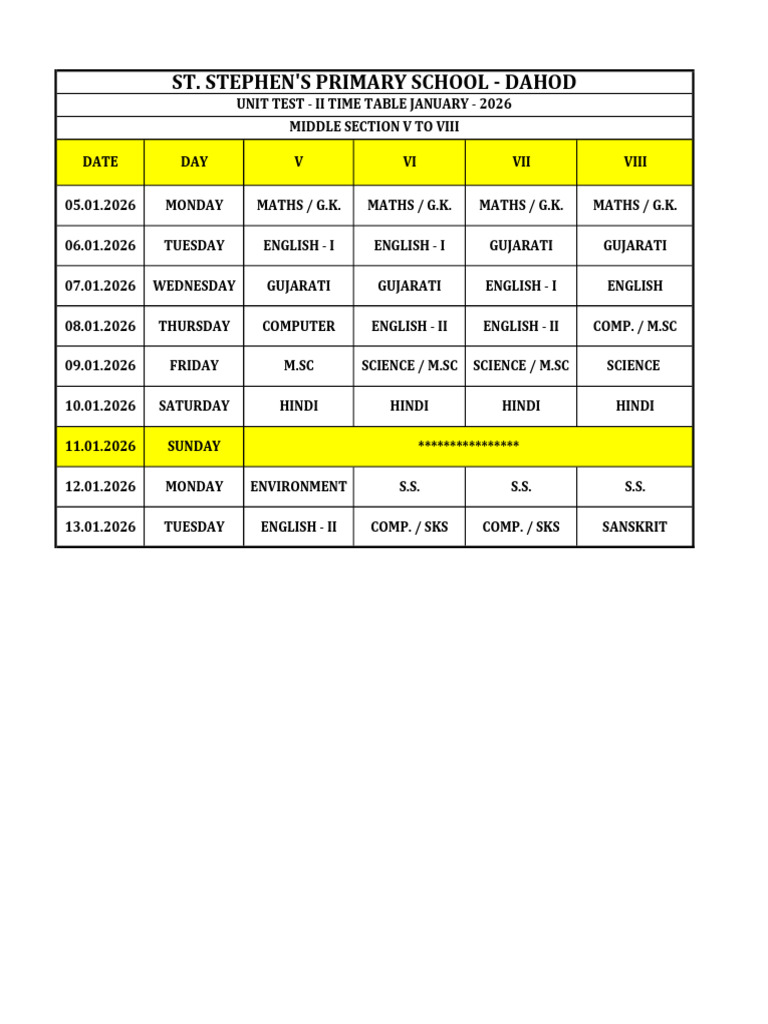 St. Stephen's Unit Test II Schedule 2026 | PDF