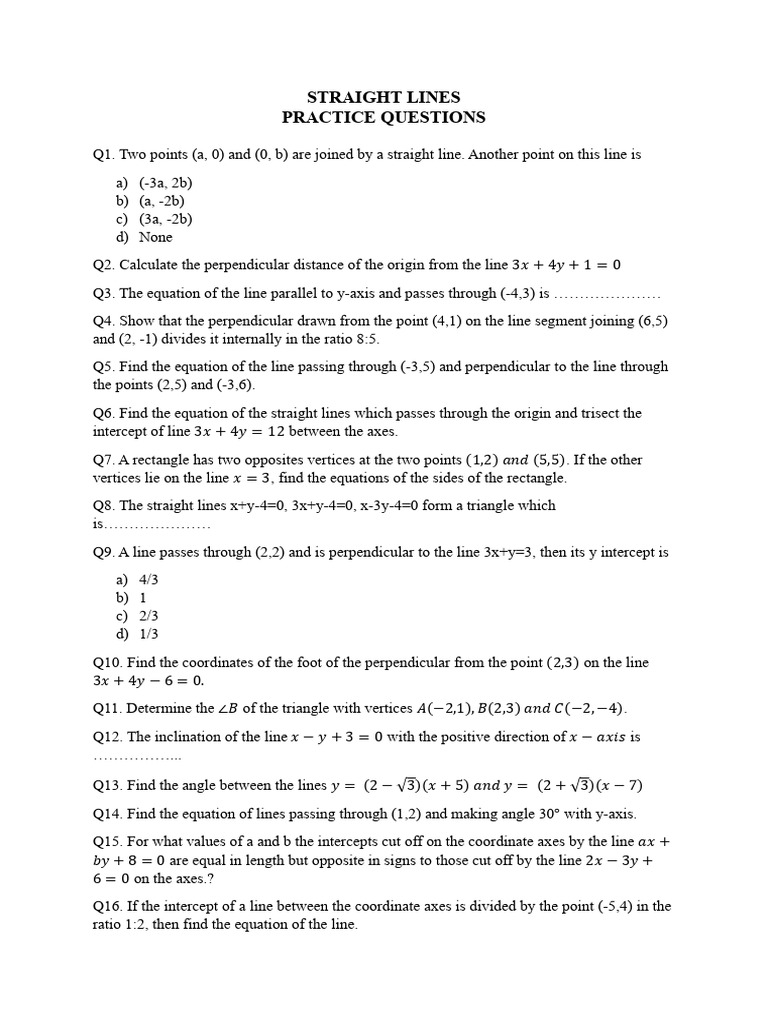 Straight Lines Practice Questions | PDF | Line (Geometry) | Cartesian ...