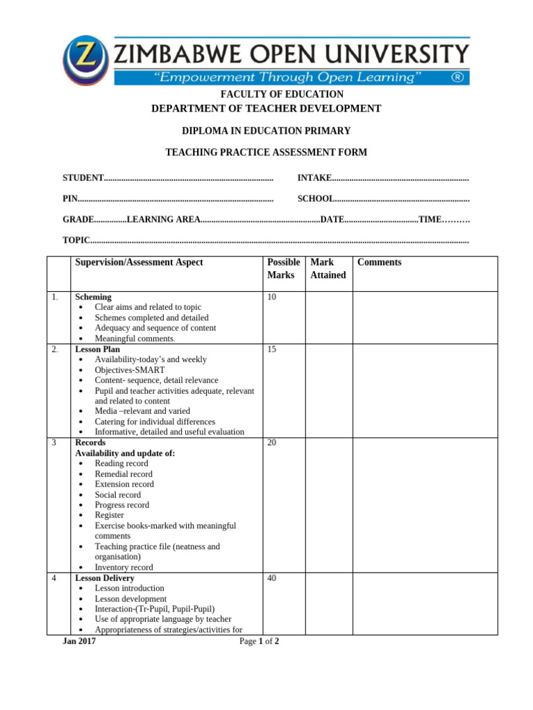 Teaching Practice Assessment Form | PDF