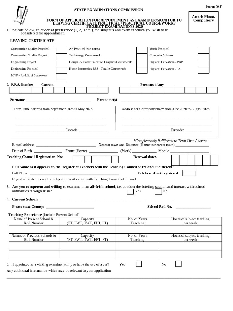 2026-EV-Leaving-Certificate-Practical-Examiner-Application-Form-FV | PDF