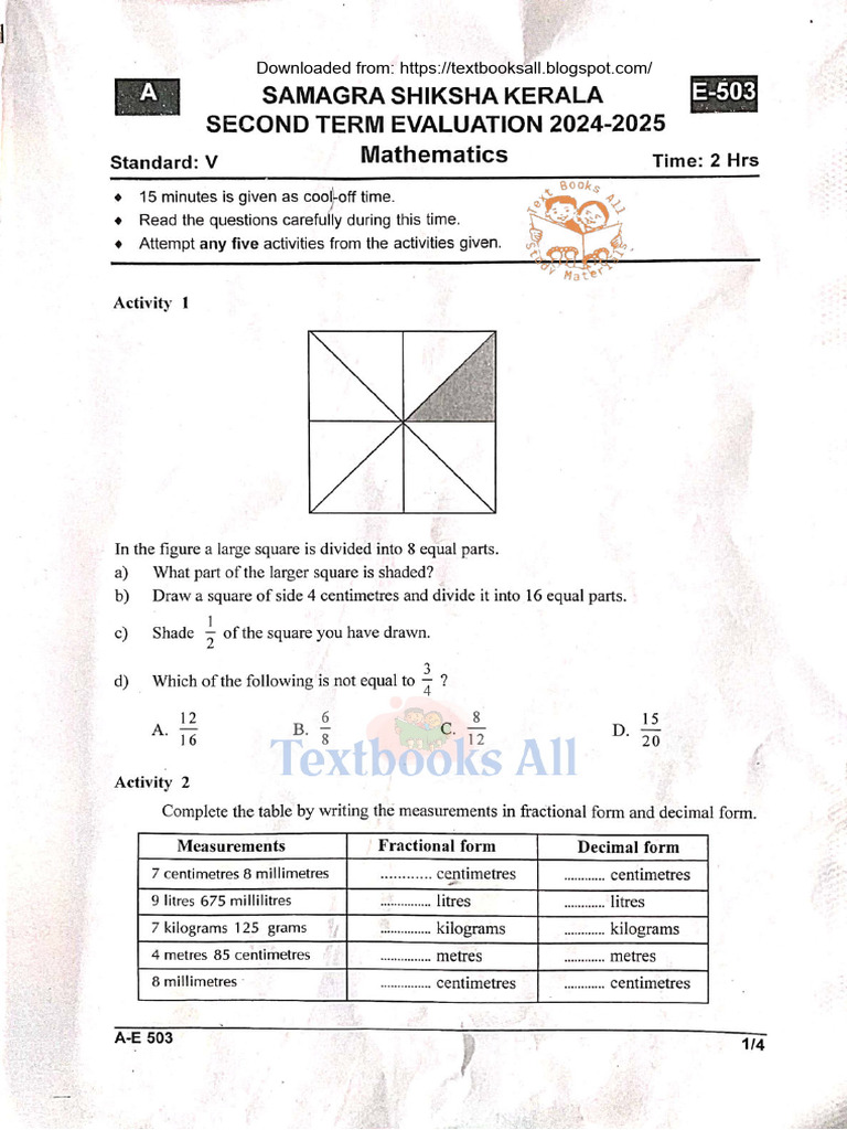Second Term Evaluation STD 5 Mathematics (Em) - Qp2024@Textbooks All | PDF