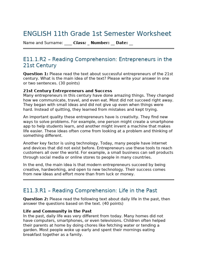 ENGLISH 11th Grade 1st Semester Worksheet | PDF | Human Communication