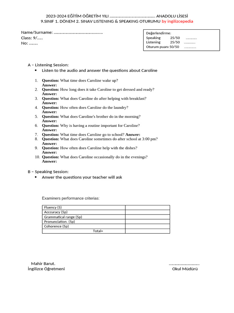 9.Sinif 1.Donem 2.Listening Speaking Ornek Sinav Kagidi (1) | PDF