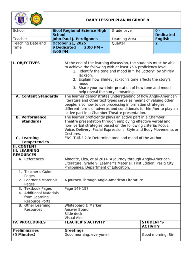 Grade 9 English Lesson Plan: Tone & Mood | PDF | Learning | Mood ...