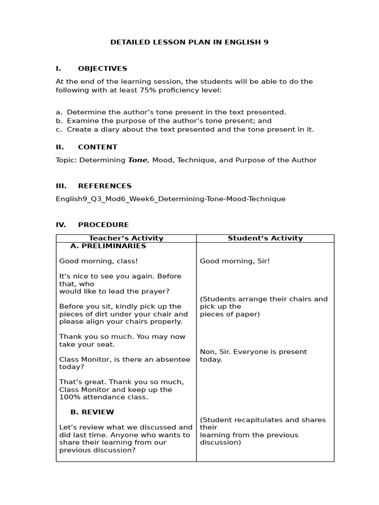 English 9 Lesson Plan: Analyzing Tone | PDF | Lesson Plan