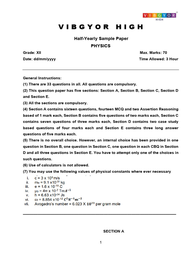 CBSE Gr 12 Physics Sample Paper HY | PDF | Inductance | Inductor