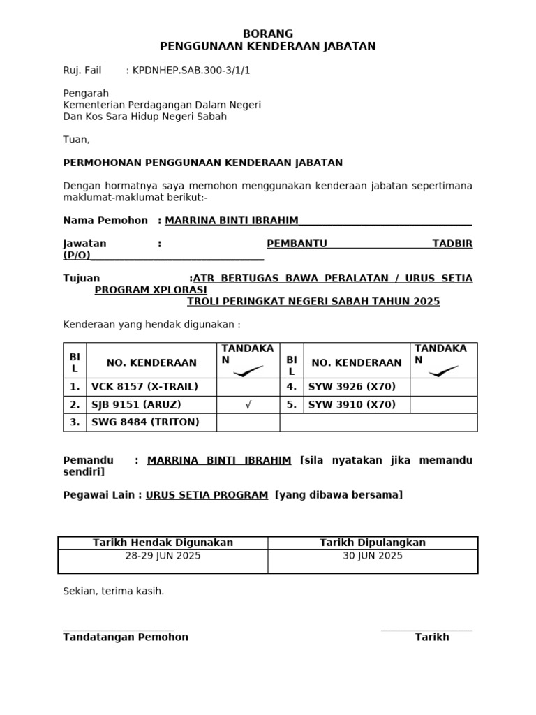 Borang Permohonan Penggunaan Kenderaan Jabatan Aras6 - 26.06.2025 | PDF