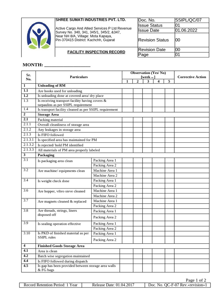 Facility Inspection Record for SSIPL | PDF