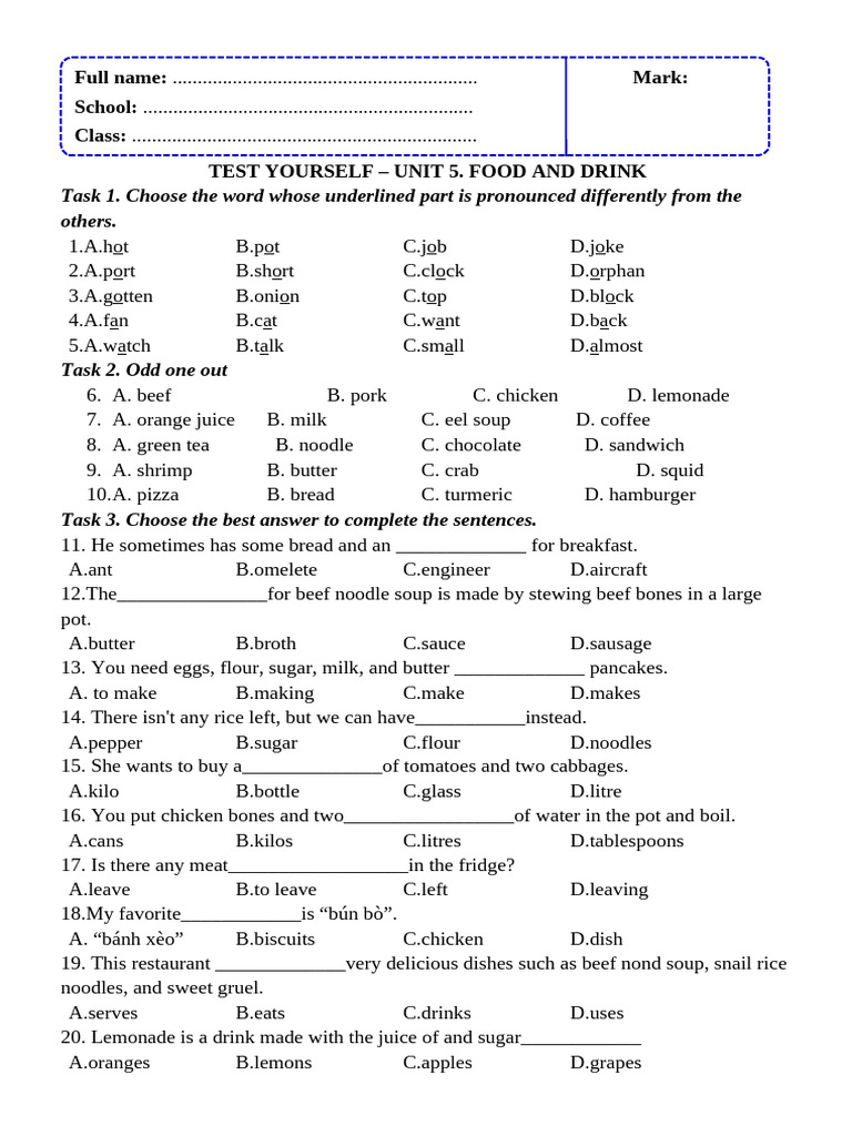 Food and Drink Vocabulary Quiz | PDF | Food And Drink | Cooking