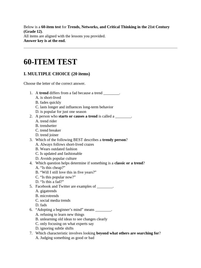 Trends Unit Test Sample | PDF | Cognition | Psychology