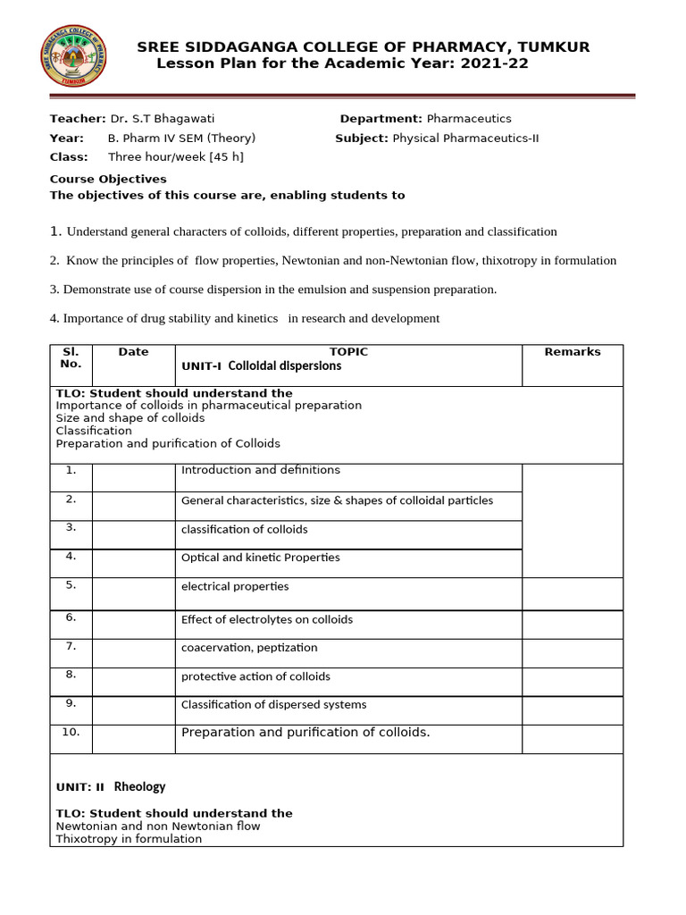 Lecture Plan STB PP II-21-22 | PDF | Emulsion | Colloid
