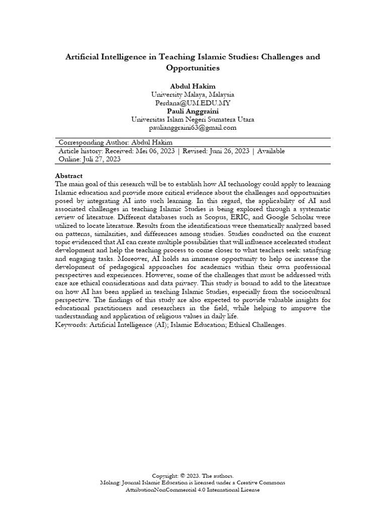 Artificial Intelligence in Teaching Islamic Studies Challenges and ...