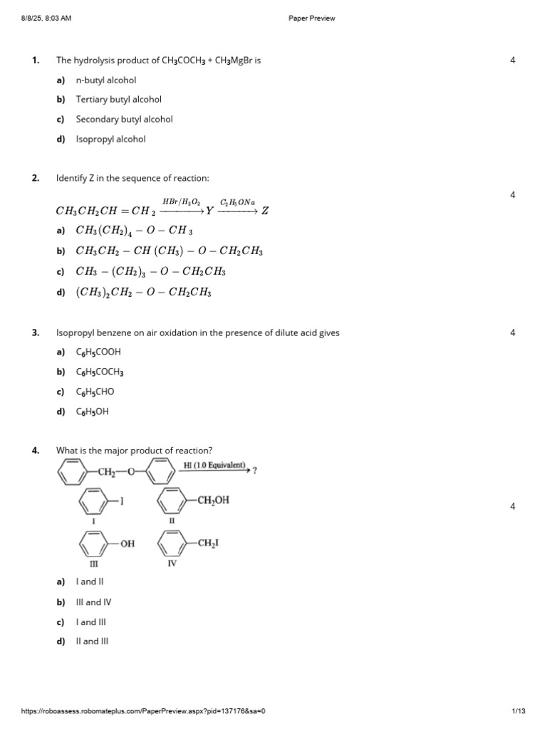 Alcohol Phenol Ether Class Practice QP | PDF | Organic Chemistry ...