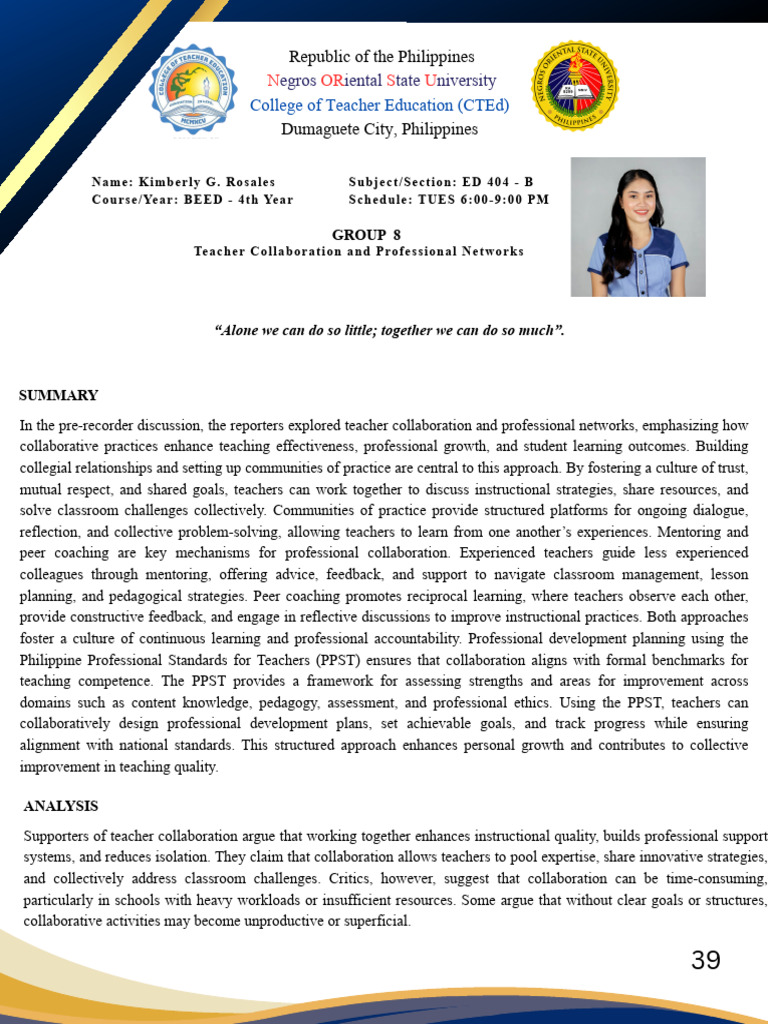 GROUP 8 - TEACHER COLLABORATION AND PROFESSIONAL NETWORKS | PDF ...