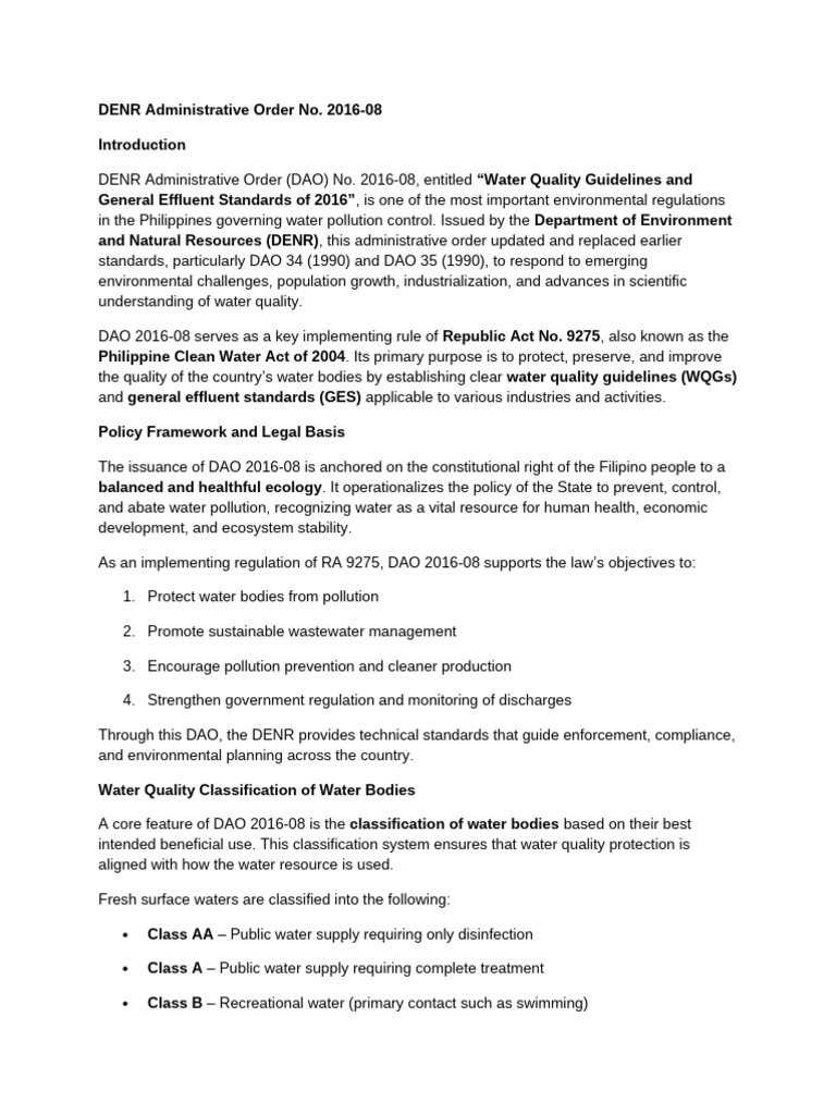 DENR Water Quality Guidelines 2016 | PDF | Water Quality | Water Pollution