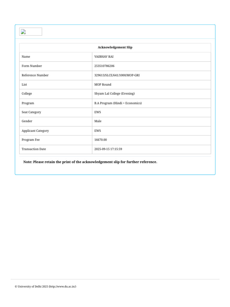 Acknowledgement Slip for B.A Program | PDF